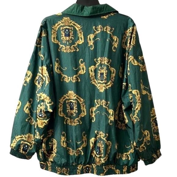 Vintage SLADE Green NYLON ORNATE BAROQUE PRINT LINED WINDBREAKER JACKET NWOT 1X - Picture 5 of 9